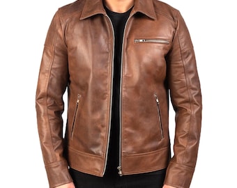 Brown Sheepskin Leather Cafe Racer Jacket – Vintage Moto Biker Style