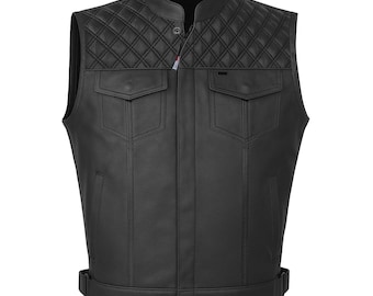 Men's Black Cowhide Leather Motorcycle Vest – Concealed Carry, SOA Style