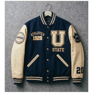 May include: A navy blue and cream varsity jacket. The jacket features the text "ATHLETICS 1928" and "U STATE". It has cream-coloured sleeves, a "CHAMPIONS" patch, and a paw print patch. The number "20" is on the sleeve.