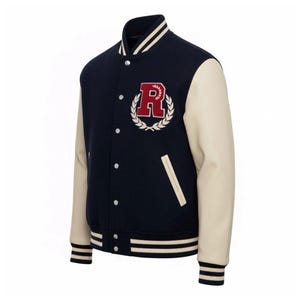 Giacca stile college nera con maniche color crema e toppa rossa in ciniglia con la lettera "R" - Bomber classico da college