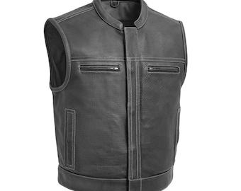 Men's Perforated Black Cowhide Leather Biker Vest – SOA Style