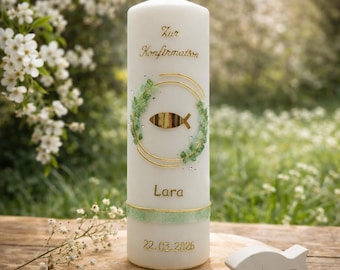 Konfirmationskerze K-12 personalisiert mit Name/Datum - HANDARBEIT mit Wachs - Eukalyptus grün Fisch - Spruch auf Rückseite möglich