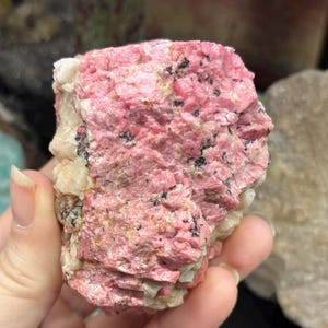 May include: A close-up of a pink and white mineral specimen. The pink portion has a layered, textured appearance with small black inclusions. The white section is crystalline. The mineral is held in a hand.