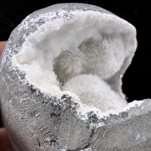 May include: A grey geode with a rough, textured exterior and a hollow center lined with sparkling white crystals. Inside the cavity, two distinct, spherical clusters of fine, white, needle-like mineral formations are visible.