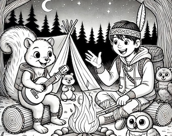 Może przedstawiać: Czarno-biała ilustracja przedstawiająca wiewiórkę grającą na gitarze, siedzącą na kłodzie obok ogniska. Osoba w opasce z piórem siedzi na innej kłodzie. W scenie widoczny jest namiot, drzewa, półksiężyc oraz zwierzęta leśne, w tym sowa i mały gryzoń.
