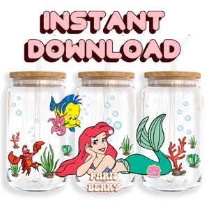 Cute Sea Princess, 16oz Wraps, Cartoon, Characters, Christmas, Halloween, PNG, Tumbler Libbey Glass Wrap Design | Instant Digital Download