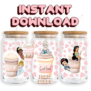 Coffee Princess, 16oz Wraps, Cartoon, Characters, Christmas, Halloween, PNG, Tumbler Libbey Glass Wrap Design | Instant Digital Download