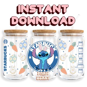 Carino coniglietto blu caffè, involucro da 16 once, personaggio dei cartoni animati, Natale, Halloween, PNG, Tumbler Libbey Glass Wrap Design / Download digitale istantaneo