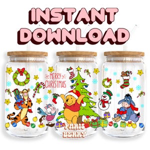 Honey Bear Christmas, 16oz Wraps, Cartoon, Characters, Santa, Halloween, PNG, Tumbler Libbey Glass Wrap Design | Instant Digital Download