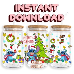 Cute Blue Christmas, 16oz Wraps, Cartoon, Characters, Friends, Halloween, PNG, Tumbler Libbey Glass Wrap Design | Instant Digital Download