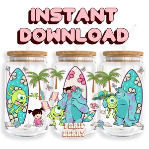 Beach Boo & Monsters, 16oz Wraps, Cartoon, Character, Christmas, Halloween, PNG, Tumbler Libbey Glass Wrap Design | Instant Digital Download