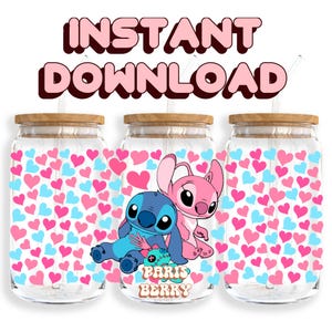Cute Blue & Pink Love, 16oz Wrap, Cartoon, Character, Christmas, Halloween, PNG, Tumbler Libbey Glass Wrap Design | Instant Digital Download