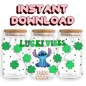 Blue Lucky Vibes, 16oz Wraps, Cartoon, Characters, Christmas, Halloween, PNG, Tumbler Libbey Glass Wrap Design | Instant Digital Download