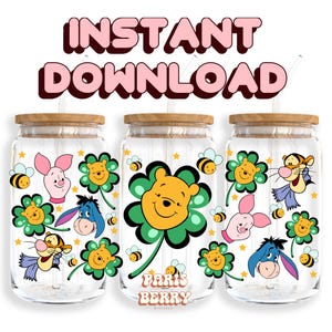 Honey Bear Clover, 16oz Wraps, Cartoon, Characters, Christmas, Halloween, PNG, Tumbler Libbey Glass Wrap Design | Instant Digital Download