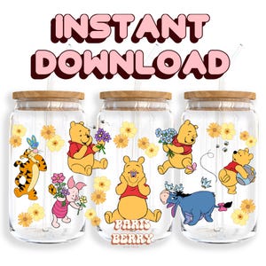 Honey Bear Floral, confezioni da 16 once, cartoni animati, personaggi, Natale, Halloween, PNG, design per bicchieri Libbey / download digitale istantaneo