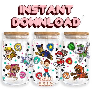 Puppy Patrols, 16oz Wraps, Cartoon, Characters, Christmas, Halloween, PNG, Tumbler Libbey Glass Wrap Design | Instant Digital Download