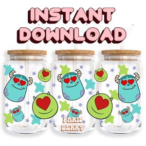 Cute Heart Monsters, 16oz Wraps, Characters, Cartoon, Christmas, Halloween, PNG, Tumbler Libbey Glass Wrap Design | Instant Digital Download