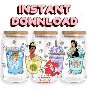 Cute Princess Drinks, 16oz Wrap, Cartoon, Characters, Christmas, Halloween, PNG, Tumbler Libbey Glass Wrap Design | Instant Digital Download