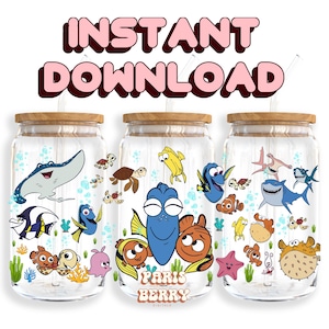 Cute Finding Fishy, 16oz Wraps, Cartoon, Characters, Christmas, Halloween, PNG, Tumbler Libbey Glass Wrap Design | Instant Digital Download