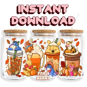 Honey Bear Drinks, 16oz Wraps, Cartoon, Characters, Christmas, Halloween, PNG, Tumbler Libbey Glass Wrap Design | Instant Digital Download