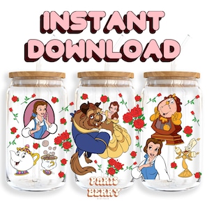 Beauty Beast Princess, 16oz Wrap, Cartoon, Character, Christmas, Halloween, PNG, Tumbler Libbey Glass Wrap Design | Instant Digital Download