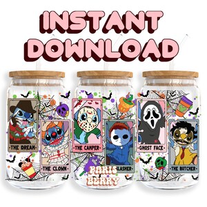 Spooky Cute Friends, 16oz Wraps, Characters, Cartoon, Christmas, Halloween, PNG, Tumbler Libbey Glass Wrap Design | Instant Digital Download
