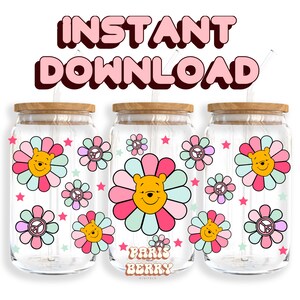 Honey Bear Flowers, 16oz Wraps, Cartoon, Characters, Christmas, Halloween, PNG, Tumbler Libbey Glass Wrap Design | Instant Digital Download