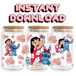 Cute Blue & Florals, 16oz Wraps, Cartoon, Characters, Christmas, Halloween, PNG, Tumbler Libbey Glass Wrap Design | Instant Digital Download
