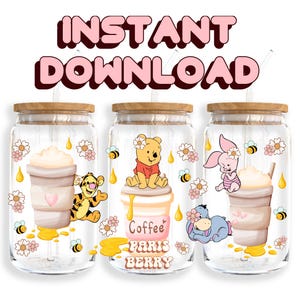 Honey Bear Coffee, 16oz Wraps, Cartoon, Characters, Christmas, Halloween, PNG, Tumbler Libbey Glass Wrap Design | Instant Digital Download
