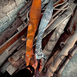Espada de acero D2 puro, espada falcata, falcata circasiana, falcata ibérica, falcata de Alejandro Magno con funda de cuero