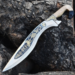 Hand-Forged Falcata Sword: Golden Etched Collectible with Leather Sheath