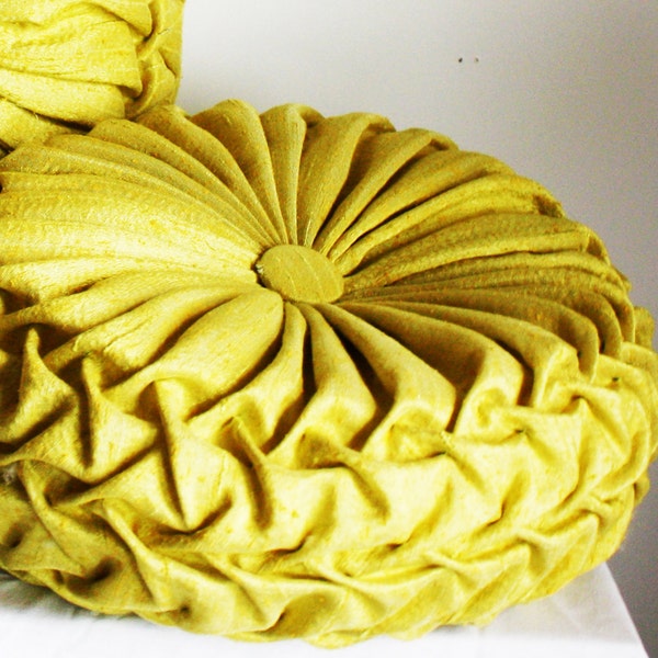 Made to Order- Single Handmade 1960s Vintage Inspired Round Smocked Decorative Pillow Off Chartreuse Dupion Silk