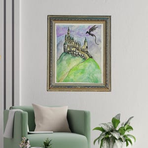 Mystical Original Watercolor Art Print, Dragon Castle Poster, Fantasy Decor, Gift for Art Lovers, Wall Art for Home, Magical Landscape
