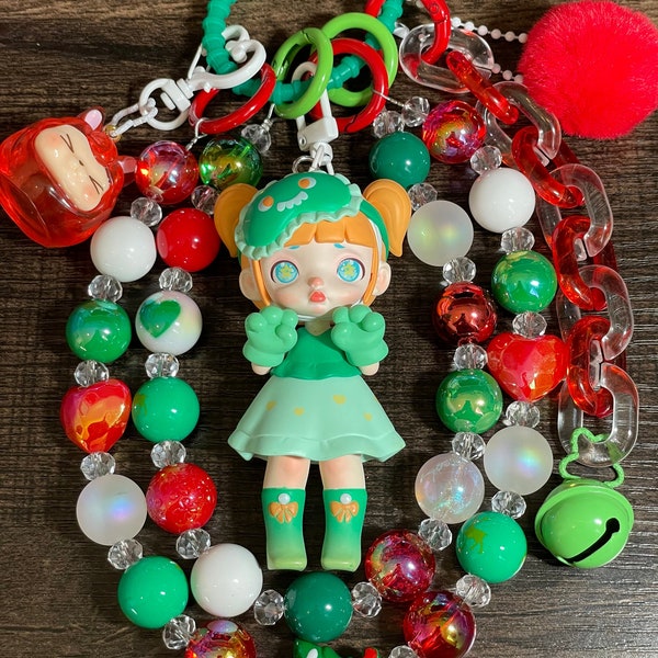 One of a kind Hand Made Doll keychain bag charm review mirror charm Festive Christmas theme