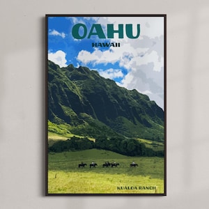 Oahu Hawaii Valley - Reise Vintage Poster - SOFORTIGER DOWNLOAD - Tropischer Dschungel - Kualoa Ranch Reiten - Digitale Retro Kunst