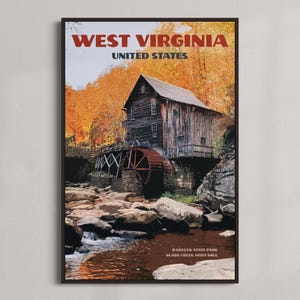 Virginie-Occidentale - Affiche vintage de voyage - TÉLÉCHARGEMENT IMMÉDIAT - Moulin de Glade Creek - Babcock State Park New River Gorge - Art numérique rétro