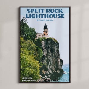 Split Rock Lighthouse - Travel Vintage Poster - INSTANT DOWNLOAD - American Landmarks - Minnesota Park Lake Superior - Digital Retro Art