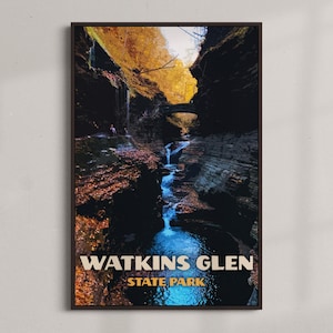 Watkins Glen - Plakat podróżniczy Vintage - NATYCHMIASTOWE POBIERANIE - Amerykańskie zabytki - park stanowy w północnej części stanu Nowy Jork - Cyfrowa sztuka retro