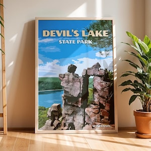 May include: A vintage-style poster with a blue, green, and brown color scheme. The poster features a scenic view of Devil's Lake State Park in Wisconsin, with a large rock formation in the foreground and a lake in the background. The text "Devil's Lake State Park" is printed in yellow letters on a blue background.