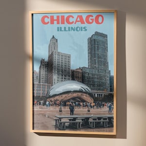 Chicago Illinois - Poster di viaggio vintage - Città americane - Millennium Park Bean - Stampa artistica da parete retrò