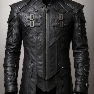 Veste en cuir gothique steampunk - Trench à capuche en cuir noir gothique - Cape longue steampunk - Costume de cosplay fait main