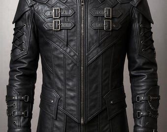 Gothic Steampunk Leather Jacket - Gothic Black Leather Hooded Trench Coat - Steampunk Long Cloak - Handmade Cosplay Costume