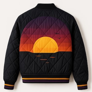 Setting Sun Jacket | Navy Blue Quilted 70s Style Bomber | Vintage Inspired Sunset Bomber Jacket | Retro Quilted Rising Sun Jacket
