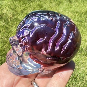 May include: A clear, iridescent skull sculpture with purple and blue hues. The skull is held in a hand, and the background is green grass. The skull has a smooth, polished surface and is a decorative item.