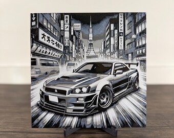 Nissan Skyline R34 GTR In Tokyo - HueForge 3D Printed, Art, Decor, Picture, JDM, Display
