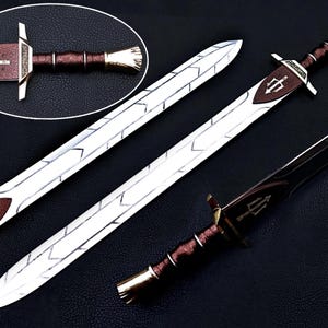 May include: Three swords with silver blades and brown handles are displayed against a dark background. Each sword features a trident symbol on the hilt. One sword is in an oval inset.