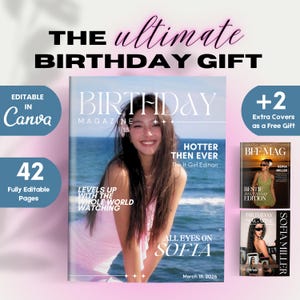 Canva用42ページの編集可能なバースデーマガジンテンプレート - Vogue DIYバースデーマガジン - カスタマイズ可能なバースデーギフト - パーソナライズされたマガジン