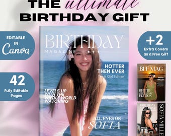 Plantilla de revista de cumpleaños editable de 42 páginas para Canva - Revista de cumpleaños Vogue DIY - Regalo de cumpleaños personalizable - Revista personalizada