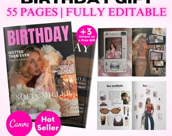 55 pagina&#39;s bewerkbare canva-sjabloon verjaardag tijdschrift - Vogue Magazine voor beste vriend - aanpasbaar verjaardagscadeau - gepersonaliseerd tijdschrift