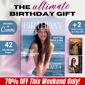 Canva 用の 42 ページの編集可能な誕生日雑誌テンプレート - Vogue DIY 誕生日雑誌 - カスタマイズ可能な誕生日ギフト - パーソナライズされた雑誌